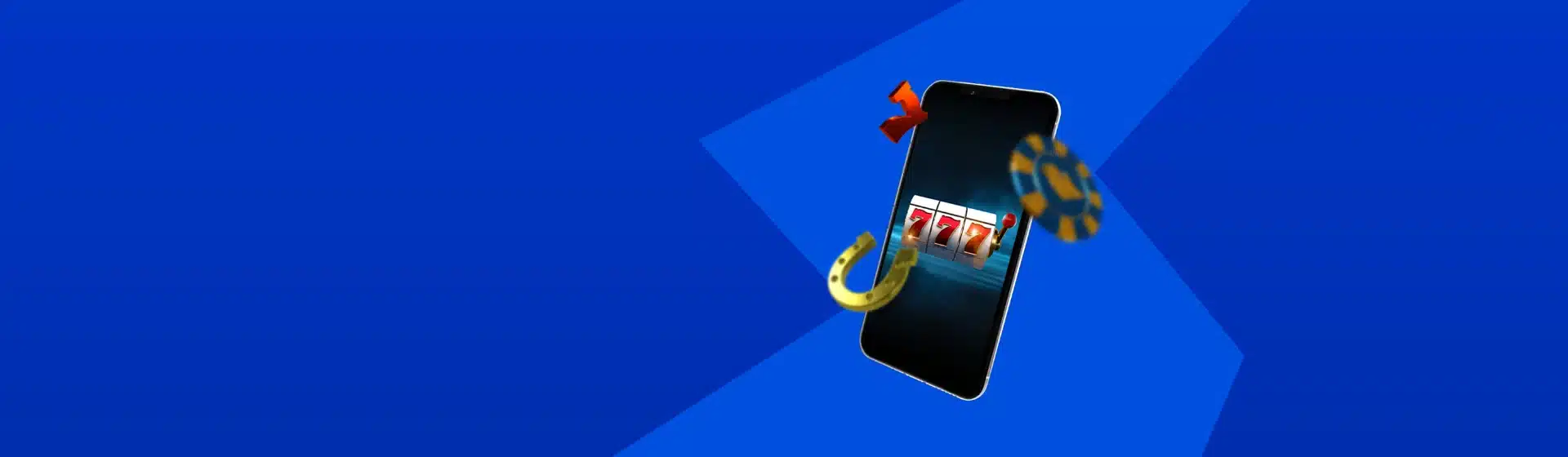 Mobile phone displaying a slot machine with lucky symbols like a horseshoe and casino chips floating around, set against a vibrant blue background.