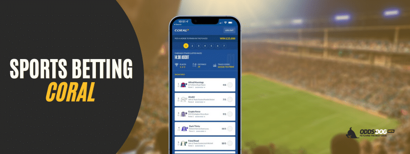 Coral UK sports betting interface displaying live horse racing odds on a mobile app, set against a stadium backdrop.