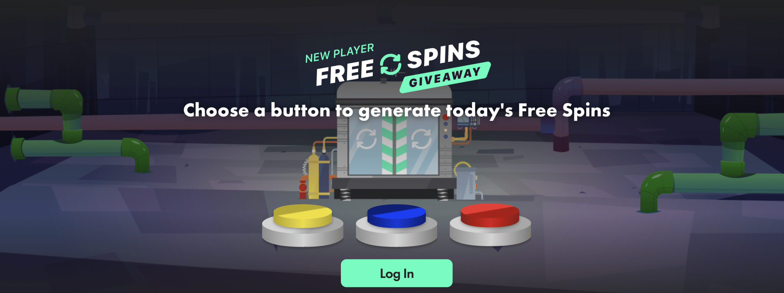 Bet365 Casino Welcome Offer - Free Spins Giveaway with a choice of three colored buttons (yellow, blue, and red).