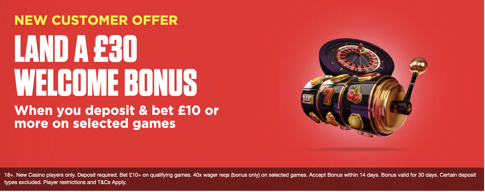 Ladbrokes Casino £30 Welcome Bonus Offer with a floating slot machine and roulette wheel.