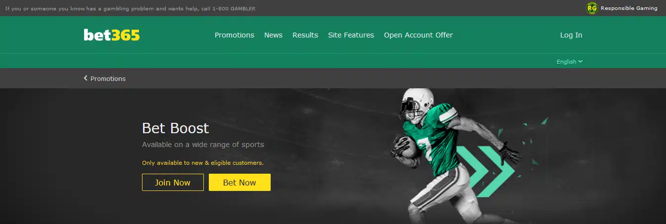 Bet365 Bet Boost promotion page featuring an American football player in action, highlighting enhanced odds available on a wide range of sports.