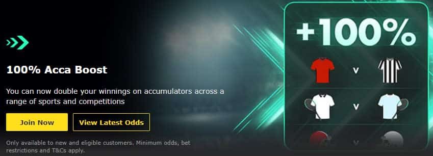 Bet365 100% Acca Boost promotion – maximize accumulator winnings across various sports and competitions.