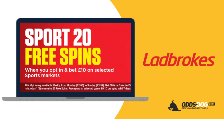 A promotional banner for Ladbrokes’ “Sport 20 Free Spins” offer, displayed on a laptop screen. The offer states that customers who opt in and bet £10 on selected sports markets will receive 20 free spins.